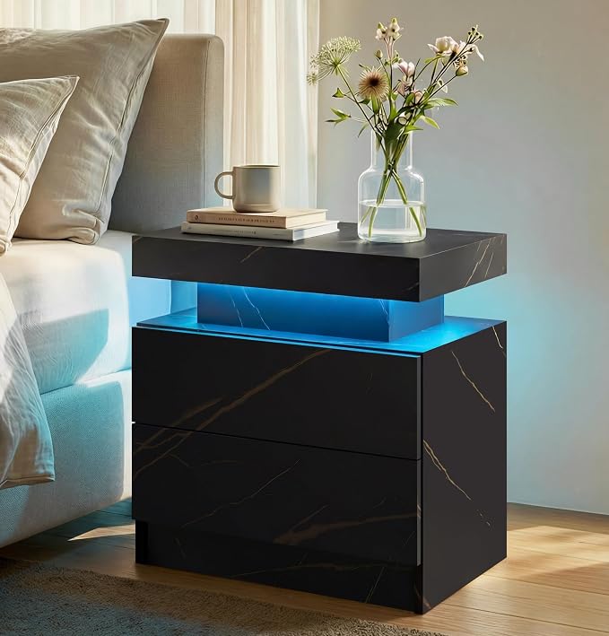 i-aplus LED Nightstand with Wood 2 Drawers Modern Bedside Table for Bedroom | Nightstands with App-Controlled RGB LED Lights, Night Stand with Storgae Drawer, Modern Bedside Table for Bedroom