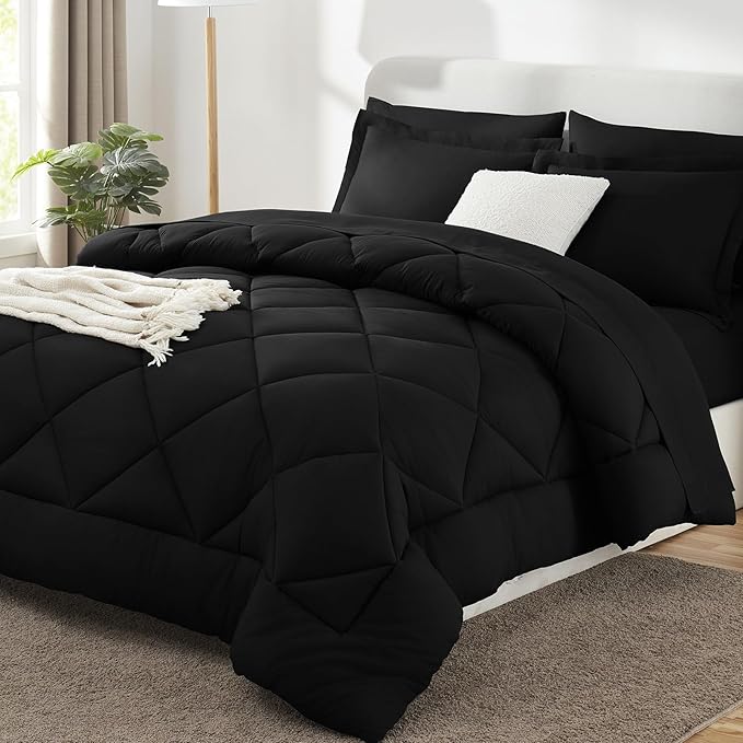 Full Size Comforter Sets Black - 7 Pieces Complete Bedding Set | OEKO-TEX Certified, All Season, 240GSM Down-Alternative Comforter, Sheets, Pillowcases & Shams, 14" Deep Pocket, Easy Care