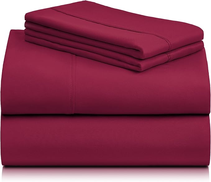 LuxClub Queen Sheet Set, Deep Pocket Bed Sheet Queen Size 4PC, Cooling Soft Bed Sheets, Breathable Hotel Luxury Bedding Wrinkle Free, Silky Fitted Sheet & Pillowcase Sets, Burgundy Red Queen | LuxClub Silky Fitted Sheet & Pillowcase Sets, Breathable Ho...