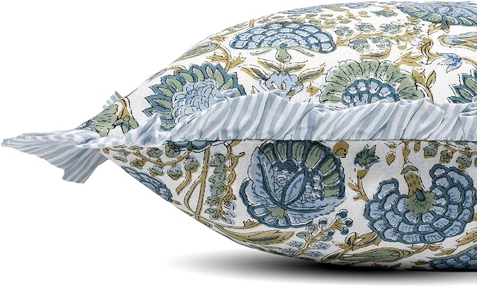 Ridhi Block Print Asparagus Green Ruffle Lumbar Pillow Shams, 36" x 14" | 100% cotton, Floral Pillowcase, Cushion Cover, Hidden Zipper, Cottagecore Bedding, farmhouse boho style, fits couch, sofa,Bed