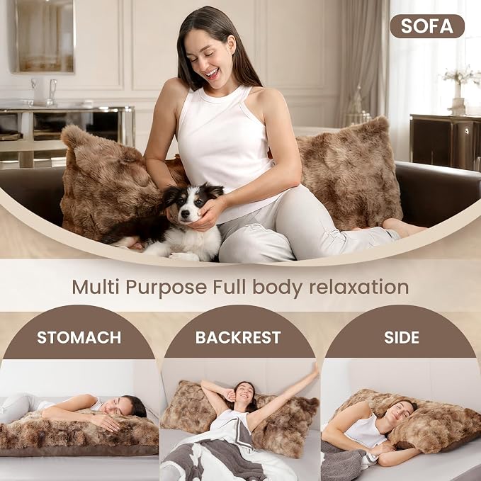 ZonLi Fluffy Body Pillow for Adults, Fuzzy Faux Fur Long Pillow with Shredded Memory Foam, Adjustable Support for Side Sleepers, Gifts, 20 x 54 Inch, Brown
