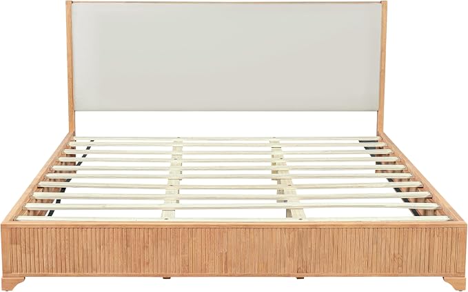 Christopher Knight Home Jill Modern King Bed Frame and Headboard, Bed Frame King with Upholstered Headboard, Wooden King Platform Bed Frame with Slat Supports, No Box Spring Needed, Natural+White
