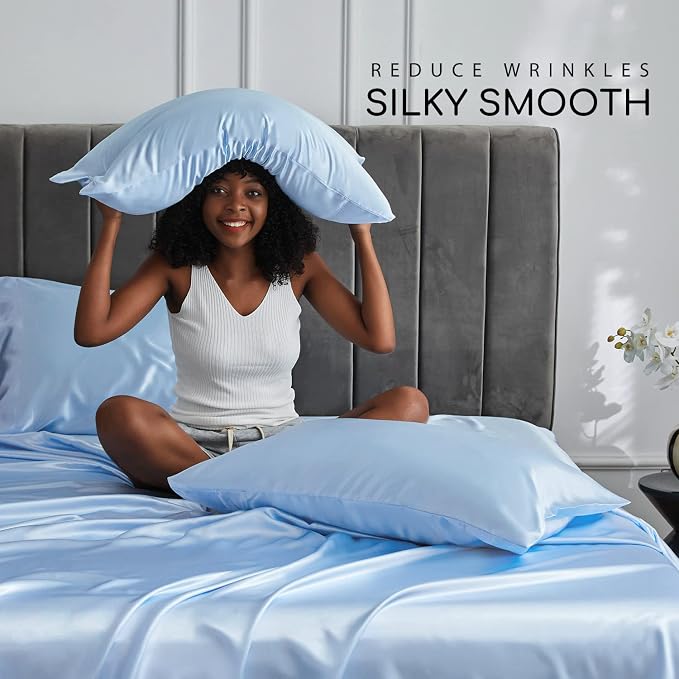 MR&HM Satin Sheets King Size with Elastic Corner Straps, Light Blue | Similar to Silk, 4-Piece Silky Soft Bed Sheet Set, Gentle on Skin and Hair, 15" Deep Pocket, Cooling & Breathable
