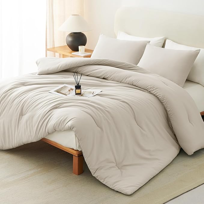 Queen Comforter Set, 3 Pieces Down Alternative Bedding, Beige | 270 GSM All Season Comforter with 4 Corner Ties for Use as a Duvet Insert, OEKO-TEX Certified, 2 Pillowcases, 88 x 88 in