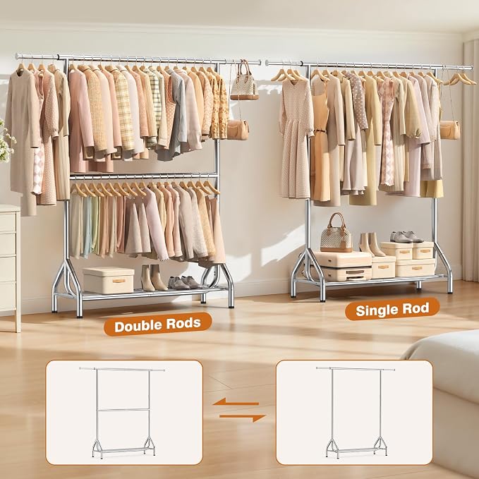 EAGMAK Double Rod Clothing Rack Load 622 LBS, Heavy Duty Clothes Rack for Hanging Clothes, 82.68 inch High Garment Rack with Sotrage Shelves, Metal Clothing Hanger Closet Wardrobe Organizer (Silver)
