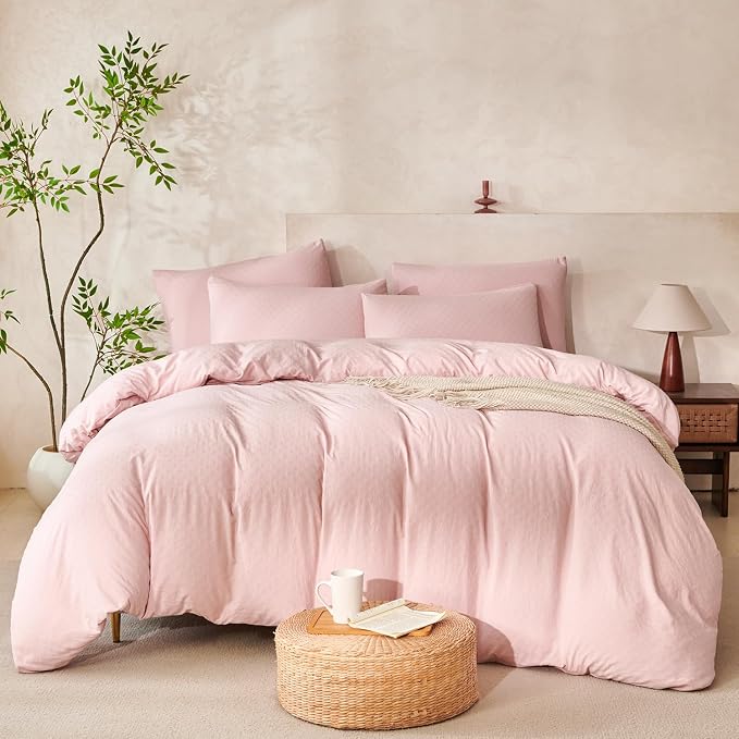 Pink Comforter Set Queen Polka Dot Soft Luxury Washed Microfiber Jacquard 3 Pieces Bedding Set, Pink Polka Dot Pattern Comforter with 2 Pillowcases Breathable Durable Comfy
