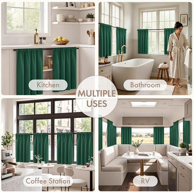MIULEE Set of 4 Hunter Green 45 Inch Short Blackout Kitchen Window Curtains | Bedroom Drapes, Light Blocking Privacy Curtains for Small Windows, Bathroom, RV/Motorhome, Laundry, Top&Bottom Rod Pocket