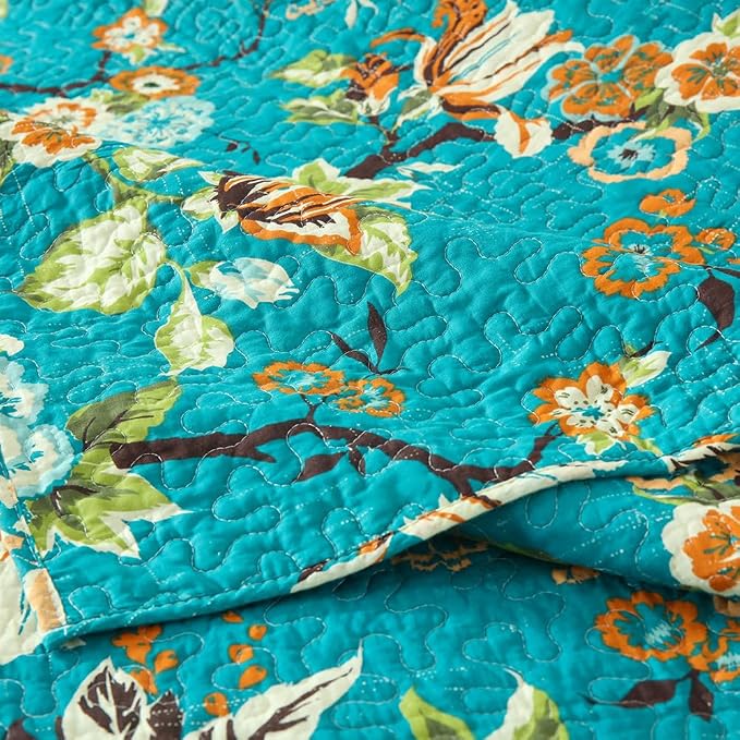 ENASAL Cotton Bedspread Quilt Sets Reversible Bedding Coverlet Sets Comforter, Vintage Floral Farmhouse Pastoral Turquoise Bedspread, Queen Size
