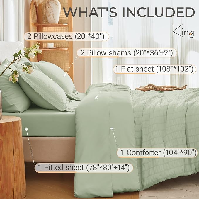 7 Pieces King Comforter Set, Seersucker Bed in a Bag King Size, All Season Luxury Bedding Set with Comforter, Flat Sheet, Fitted Sheet, Pillowcases & Shams, Light Green
