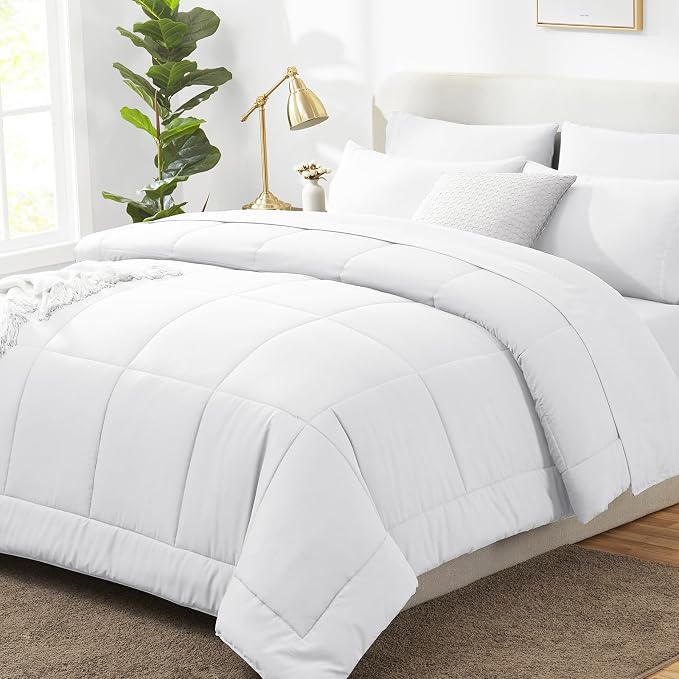 Queen Comforter Set White - 7 Pieces Bed in a Bag | OEKO-TEX Certified, All-Season, Bedroom, Guest Room, Down-Alternative Comforter + Flat & Fitted Sheets + 4 Pillowcases