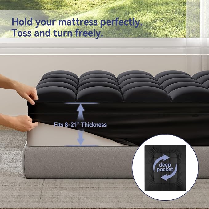 ELEMUSE Queen Black Mattress Topper, Thick Pillow Top Mattress Pad Cover | Plush soft breathable bed topper for back pain relief, with elastic deep pocket and overfilled down alternative filling