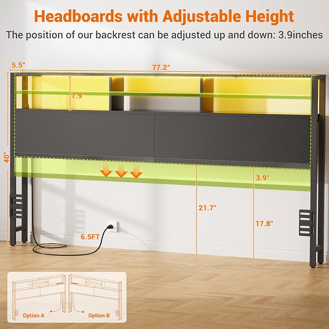 Aheaplus Headboard for King Size Bed with Storage, Headboards with Outlets | King Size Head Board Only, USB Ports and LED Light, Height Adjustable, Reversible, Sturdy and Stable Headboard, Black