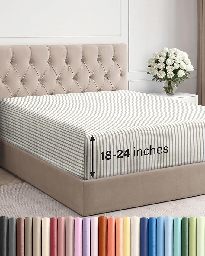Extra Deep Full Fitted Sheet - Single Fitted Sheet Only - Beige Stripes | Easily Fits 18 inch to 24 inch Mattress, Soft, Wrinkle Free, Breathable & Comfy, Extra Deep Pockets Hotel Luxury Fitted Sheet