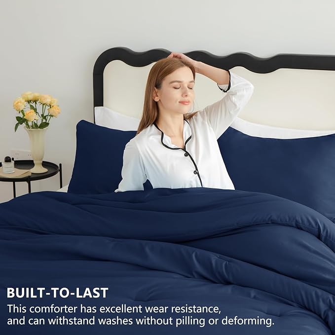 California King Comforter Set, 3 Pieces Navy Blue Quilted Bedding | 270 GSM Down Alternative Fill, 4 Corner Ties for Duvet Insert Use, All Season, OEKO-TEX Certified, 2 Pillowcases, 104 x 96 in