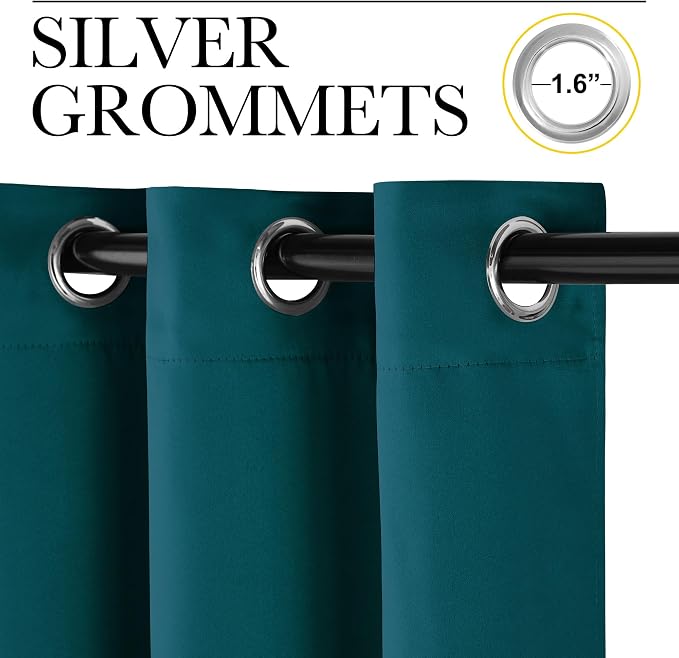 NICETOWN Faux Silk Teal Curtains & Drapes for Bedroom, Grommet Top Thermal Insulated Room Darkening Energy Saving Privacy Drapes for Nursery, 2 Panels, W52 x L63