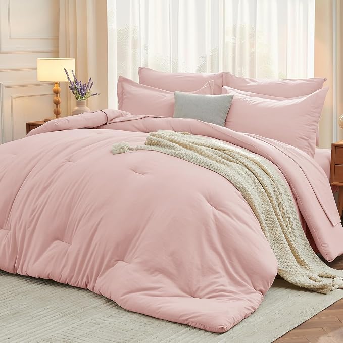 7 Pieces King Comforter Set, Soft Bed in a Bag King Size, All Season Bedding Set with Comforter, Flat Sheet, Fitted Sheet, Pillowcases & Shams, Pink