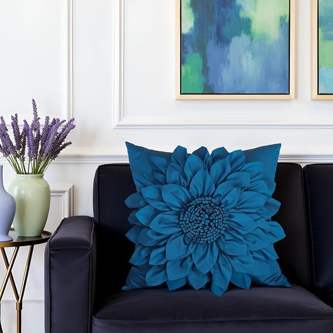 Navy Blue Accent Flower Decorative Throw Pillow Covers for Bed Sofa Couch | Bella's Giftshop Handmade Sunflower Taffeta Pillow Cases Living Room Bedroom Decor, 18x18 Inch