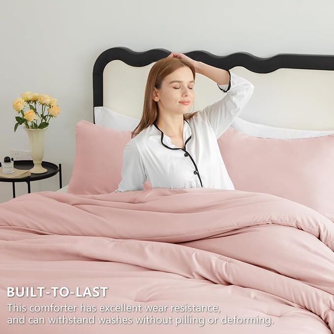 Queen Comforter Set, 3 Pieces Down Alternative Bedding, Blush Pink | 270 GSM All Season Comforter with 4 Corner Ties for Use as a Duvet Insert, OEKO-TEX Certified, 2 Pillowcases, 88 x 88 in