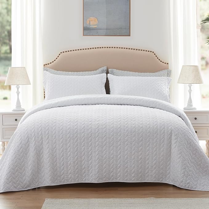 SunStyle Home Queen Quilt Bedding Set, Lightweight Summer Bedspreads,White | Soft Coverlet With 2 Pillow Shams,Morden Style Quilts for All Season, Suitable for Bed,Couch,Bedroom,Guest Room,90"X96"