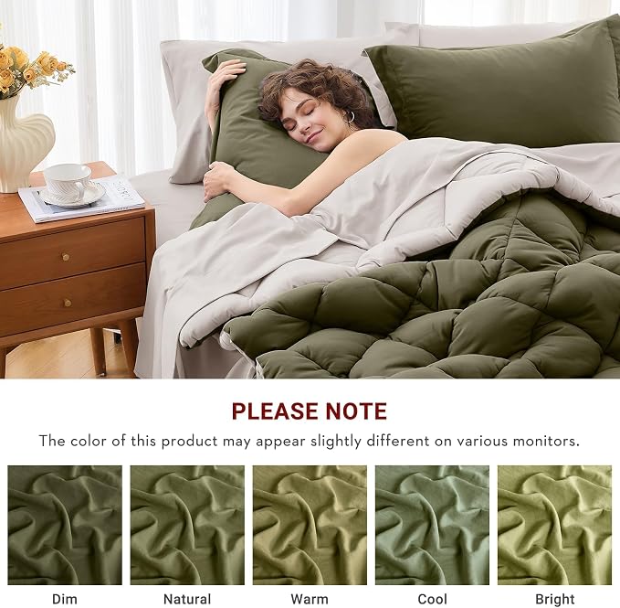 7 Pieces California King Comforter Set, Reversible Bed in a Bag Cal King Size, All Season Bedding Set with Comforter, Flat Sheet, Fitted Sheet, Pillowcases & Shams, Olive Green & Beige