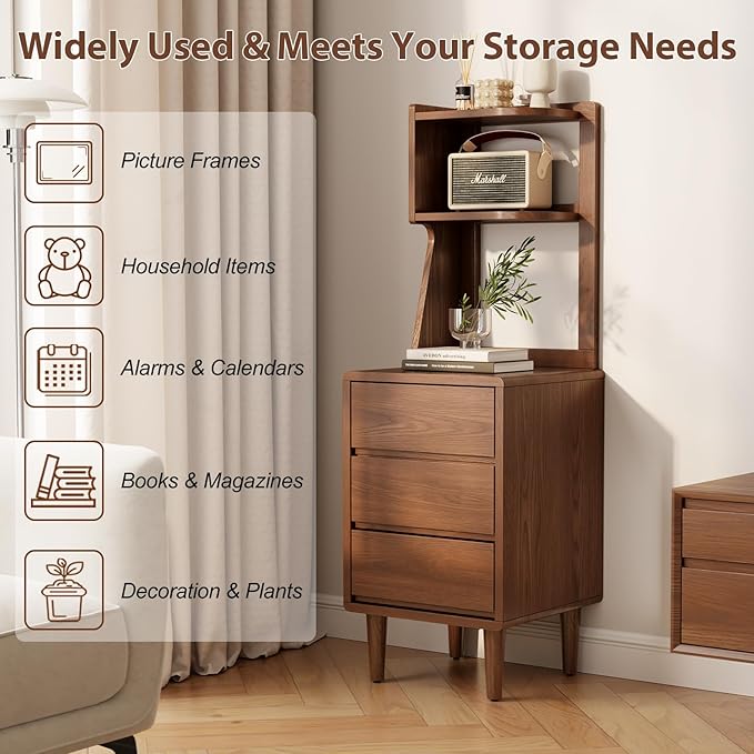 Solid Wood Bookshelf Nightstand Combo, Tall Nightstand with Bookshelf | Walnut Nightstand Bookshelf,Narrow Nightstand with Drawers,Open Shelf Bookcase,for Bedroom,Living Room,Offices