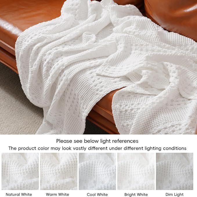 PHF Lightweight 100% Cotton Waffle Blanket for Bed, Queen, White | Pre-Washed Soft Cotton Comfort, Breathable Layering Warmth for Fall & Winter, Bed, Sofa, Couch, Home Decor & Gifts