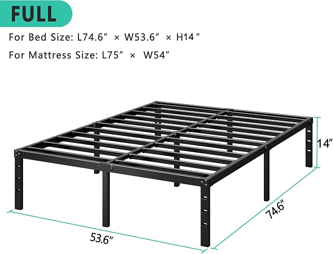 HLIPHA Metal Platform Bed Frame 14 Inch Tall,No Box Spring Needed,Full Size Bed with Heavy Duty Strong Support Slats,Easy to Assemble,Black