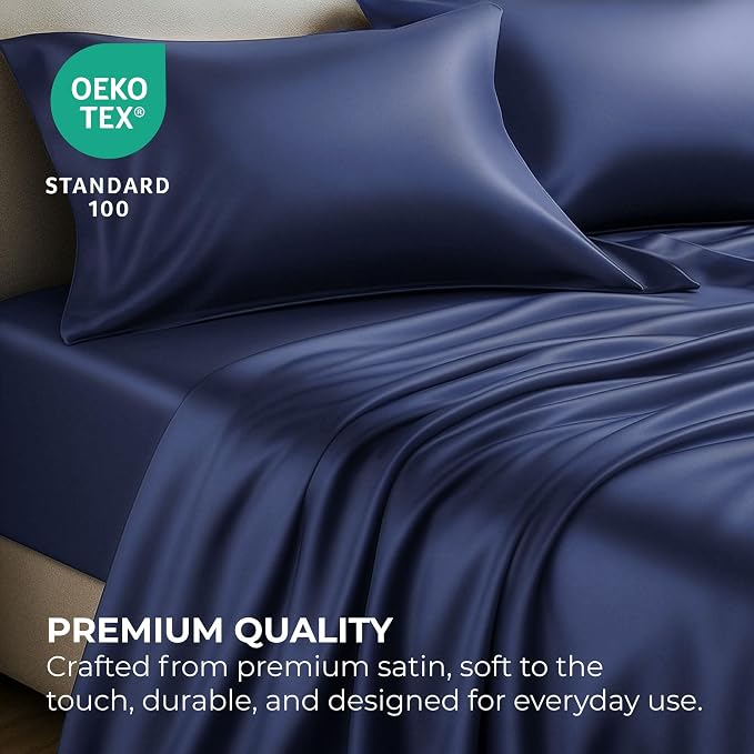 Satin Sheets Full [4-Piece, Midnight Blue] Hotel Luxury Silky Bed Sheets - Extra Soft 1800 Microfiber Sheet Set, Wrinkle, Fade, Stain Resistant - Deep Pocket Fitted Sheet, Flat Sheet, Pillow Cases