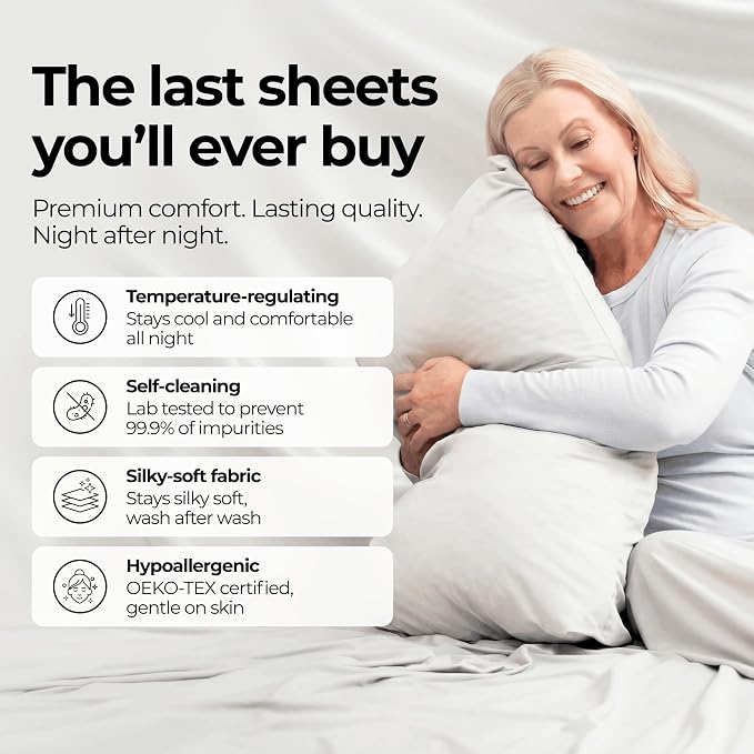 Silvery Silver Infused Bed Sheets Set - Ultra-Soft Temperature-Regulating Fabric with Self-Cleaning Technology™ that Stays Fresh 3X Longer for Hygienic Sleep