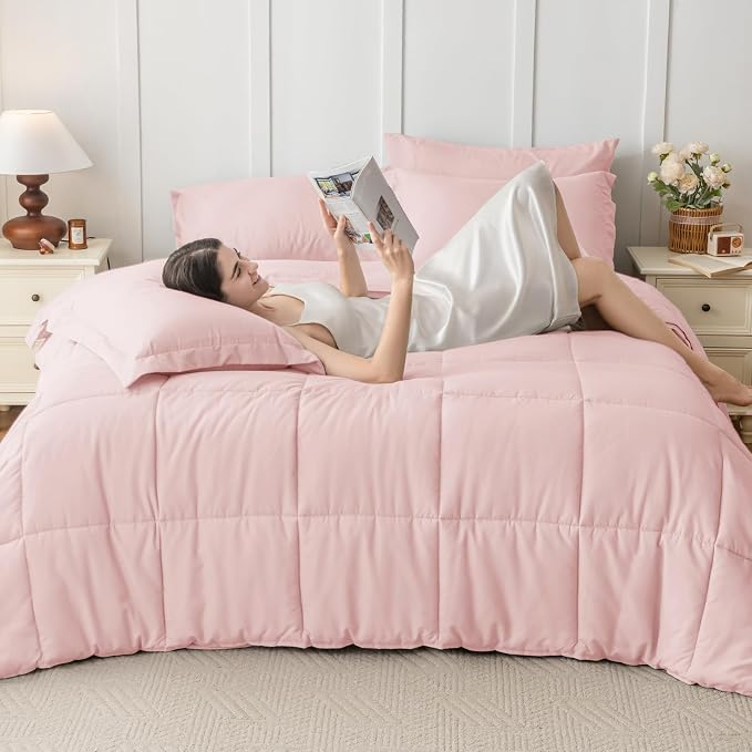 JOLLYVOGUE King Comforter Set, Ultra-Soft Bed in a Bag King Size 7 Pieces, Oeko-TEX Certified Bedding Set with Down Alternative Comforter, Sheets, Pillowcases & Shams, Blush Pink