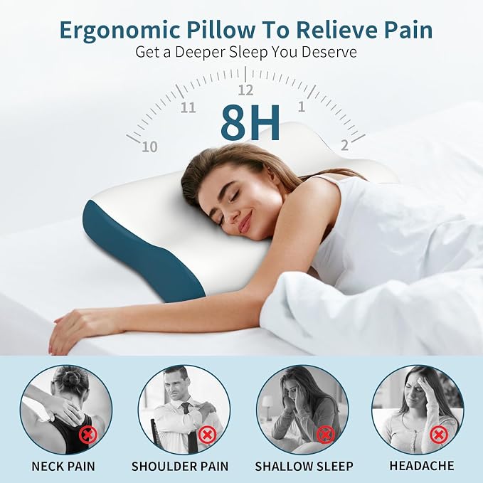 Cervical Neck Pillow for Pain Relief, Contour Memory Foam Pillows for Sleeping, Ergonomic Pillow Orthopedic Cooling Pillow Bed Pillow Neck Support for Side Back Stomach Sleepers(White&Blue)