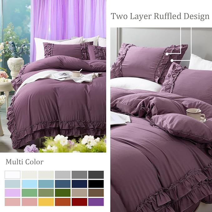 Bedorm King Duvet Cover Set Purple Bedding Set Pleat Ruffled Shabby Chic Comforter Cover Extra Soft & Easy Care Farmhouse Boho Duvet Cover with Zipper Closure