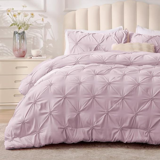 BEDELITE Full Comforter Set Light Purple,Lightweight & Soft Comforter | Pintuck Boho Bedding, Warm & Cute Bed Set for All Season,With 2 Pillowcases