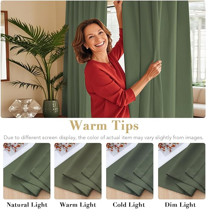 H.VERSAILTEX Back Tab Dark Green Curtains 90 Inch Long for Living Room, Rod Pocket Room Darkening Thermal Insulated Blackout Curtains, 52 x 90 Inch, Bronze Green, 2 Panels