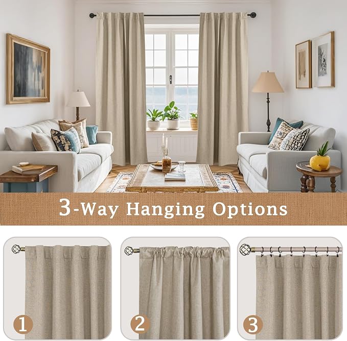100% Blackout Linen Curtains 84 Inch for Living Room 2 Panels | Taupe, Farmhouse, Bedroom Curtains, Room Darkening, Privacy Panels, Rod Pocket Back Tab, with White Liner, 38 x 84 Inch