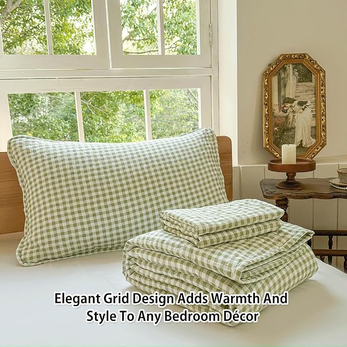 NSNLGSGC Sage Green Gingham Queen Summer Bedspread Quilt Set | Pre-washed Microfiber,Lightweight Checked Grid Bedding Coverlets for All Seasons