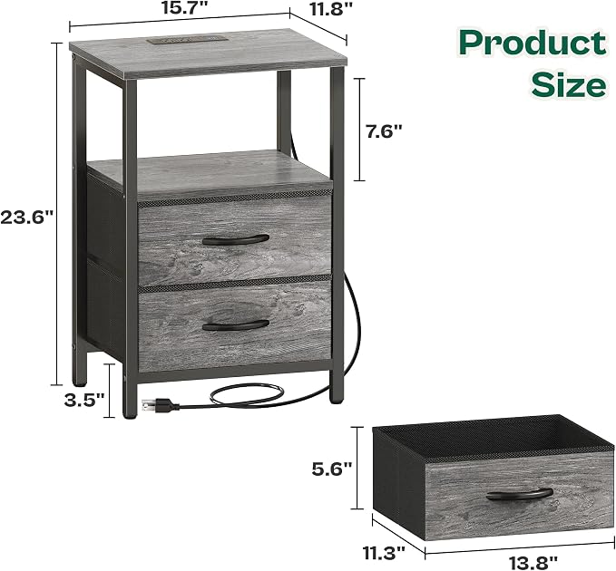 Huuger Night Stand with Charger Station and LED Lights, 2 Drawer Nightstand | Bed Side Table with Open ShelfEnd TableFabric Drawers for Bedroom, Grey