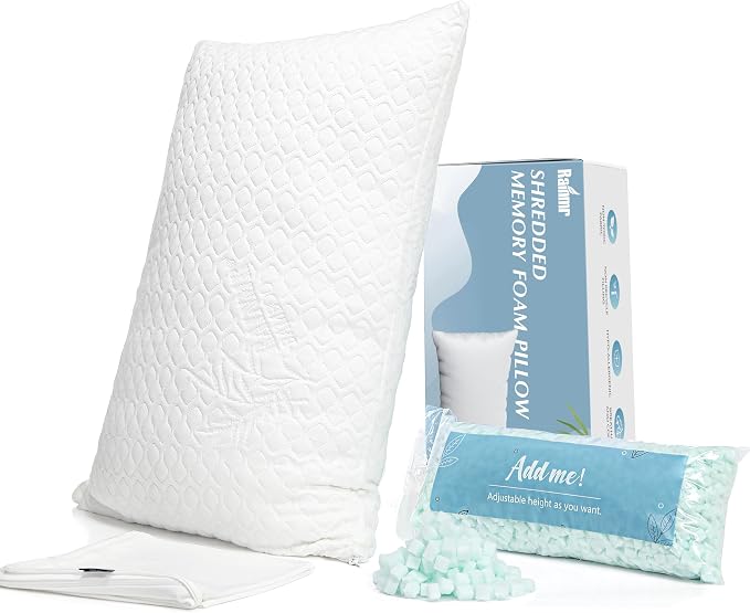 Queen Size Bed Pillow for Sleeping Shredded Memory Foam Adjustable Loft Pillows with Cooling Washable Pillow Case, 20x30 inches (White, Queen 1-Pack)