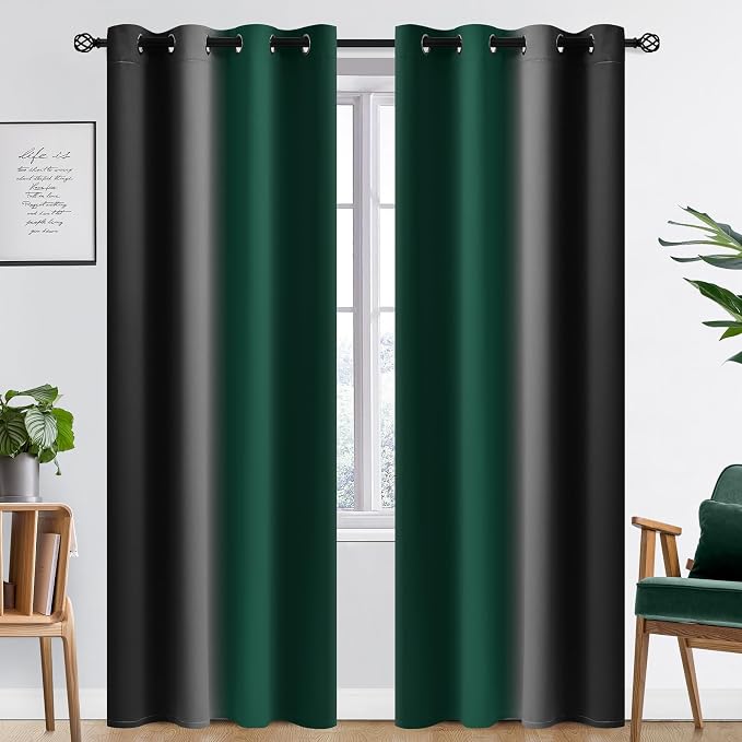 SimpleHome Ombre Green and Black Room Darkening Curtains 84 inches Length | Bedroom Curtains,Grommet Gradient Light Blocking Window Curtains for Living Room,Thermal Insulated Drapes 2 Panels,52wx84L