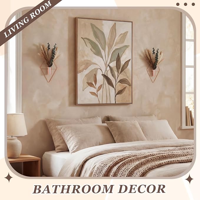 Jexine 4 Pcs Hanging Planters with Artificial Pampas Rose Gold Metal Hanging Vase Indoor Plants Holder Modern Geometric Boho Bathroom Wall Decor for Living Room Home Office