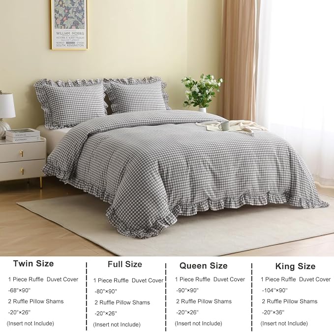 Silnuo Gray/White Gingham Plaid Ruffle 3-Piece Duvet Cover Set King Size | 100% Washed Cotton Shabby Gingham Plaid Bedding Set Farmhouse Comforter Set(King,Gray/White)