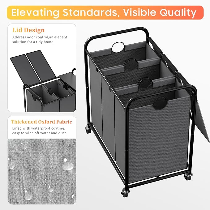 180L Laundry Sorter 3 Section, Rolling Laundry Basket with Wheels and Lid | 47.55 Gal Laundry Hamper, 3 Separated Removable Bags, Lockable Wheels, Dirty Clothes Hamper for Laundry Room Organizer, Grey