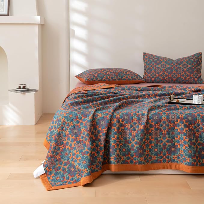 100% Cotton Muslin Blanket Jacquard Bohomian Mandala Floral Print Quilt, Soft Bed Cover 3 Layers Reversible Bedspread Coverlet Breathable Lightweight Bedding Twin(59"x94"), No Pillow Sham