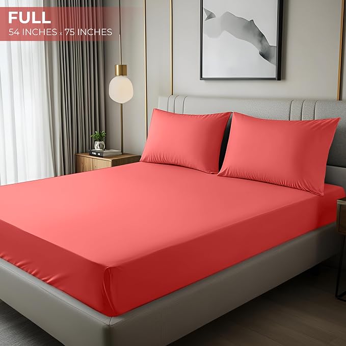 Full Fitted Sheet, Ultra Soft Fits Up to 16 Inch Deep Pocket, Coral | Hotel Comfort, Cooling & Breathable Cotton like Polyester, Easy Fit, Wrinkle & Fade Resistant, Snug Fit, Easy Care, Oeko-Tex