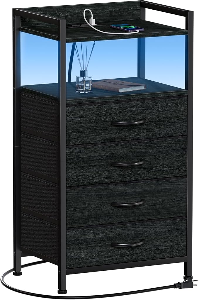 Furnulem Night Stand with Charging Station,LED,Tall Bedside Table for Dorm | 4 Drawer Dresser for bedroom, with LED light & Remote Control, Fabric Bins and Metal Frame,Wood Desk Top,Easy Assemble,Black