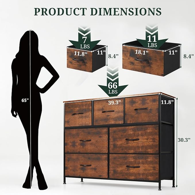 7-Drawer Dresser for Bedroom, Anti-Tip Wide Storage Organizer Fabric | Chest of Drawers TV Stand for 45" TV with Wooden Top and Metal Frame for Closet, Living Room, Hallway, Entryway, Brown