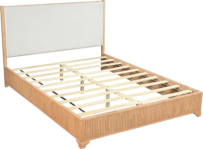 Christopher Knight Home Jill Modern Queen Bed Frame with Headboard, Bed Frame Queen with Upholstered Headboard, Wooden Queen Platform Bed Frame with Slat Supports, No Box Spring Needed, Natural+White