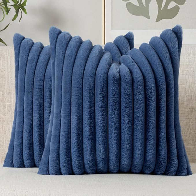 MIULEE Faux Fur Decorative Throw Pillow Covers 18x18 Set of 2 Navy Blue | Coastal Modern Soft Plush Couch Pillows, Cozy Fluffy Cushion Covers for Sofa Bed Living Room Home Decor