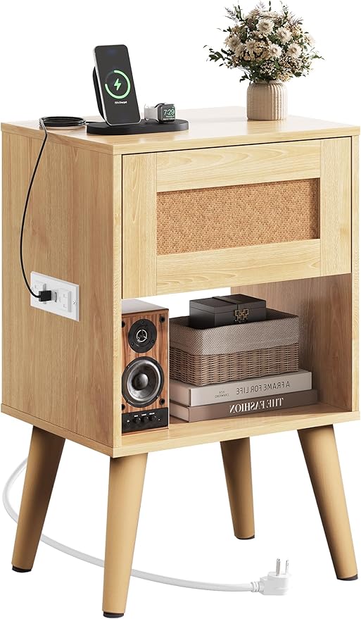 WLIVE Rattan Nightstand with Charging Station, Boho Night Stand, Small Bedroom Side Table, End Table with Drawer and Storage, Wood Bedside Tables for Bedroom, Small Spaces, Natural Oak