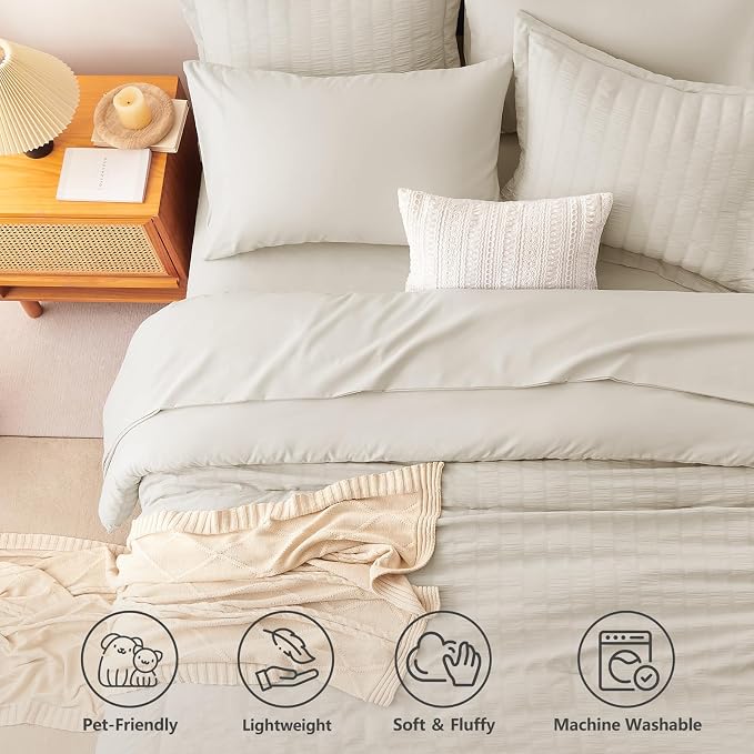 King Size Comforter Set, 7 Pieces Oatmeal Seersucker Bed in a Bag | OEKO-TEX Certified, All Season Bedding Set with 240 GSM Down Alternative Comforter, Flat & Fitted Sheets, Pillowcases & Shams